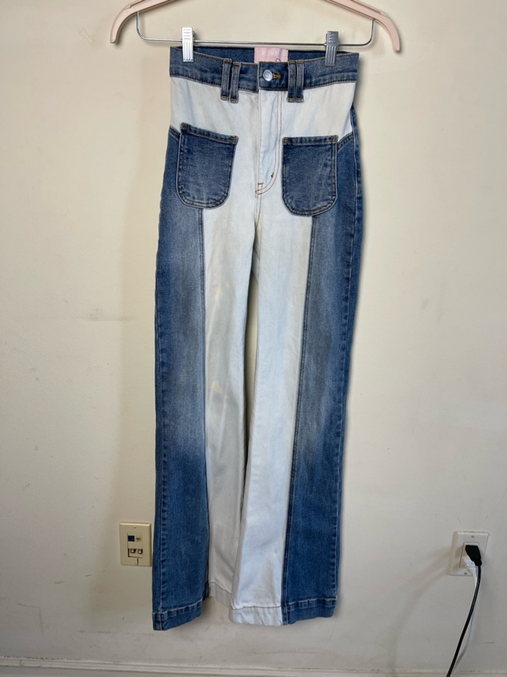 REVICE Two-Tone Flare Jeans in Blue and Cream